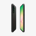 ACS09291 - Galaxy A56 5G Case Liquid Air in Matte Black showing the partial back, front and sides of both devices facing each 