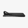 ACS09291 - Galaxy A56 5G Case Liquid Air in Matte Black showing the partial back and side, partially lifted from the upper corner of the device laying flat