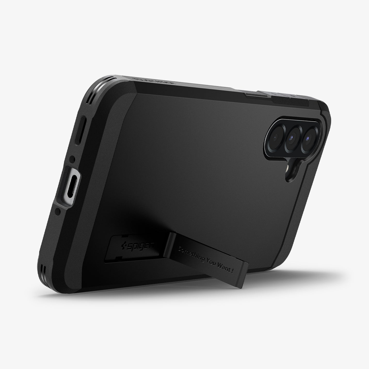 ACS09294 - Galaxy A56 5G Case Tough Armor in Black showing the back and bottom, with built-in kickstand propped up