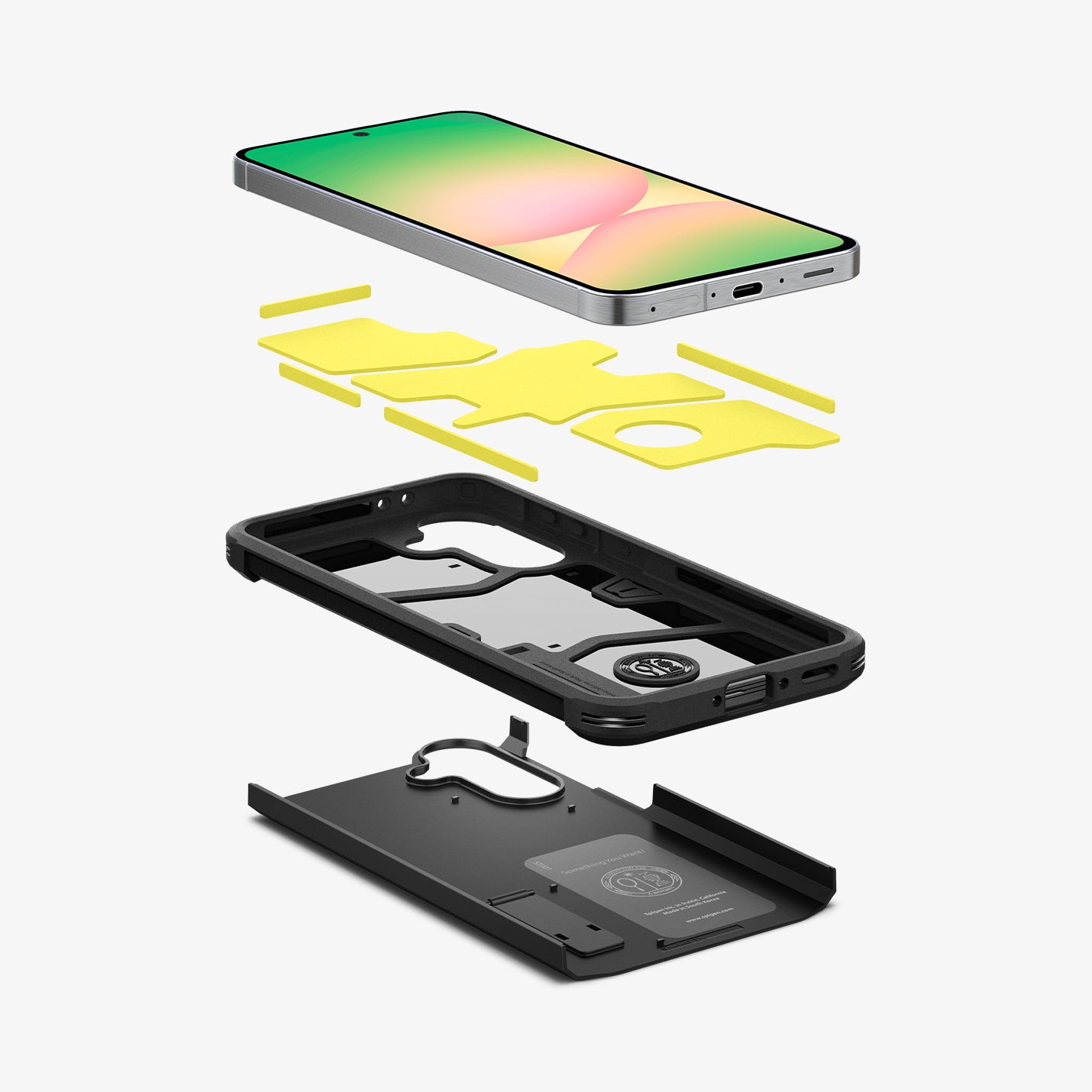 ACS09294 - Galaxy A56 5G Case Tough Armor in Black showing the device hovering above the detached impact foam, tpu frame and back layer of the case