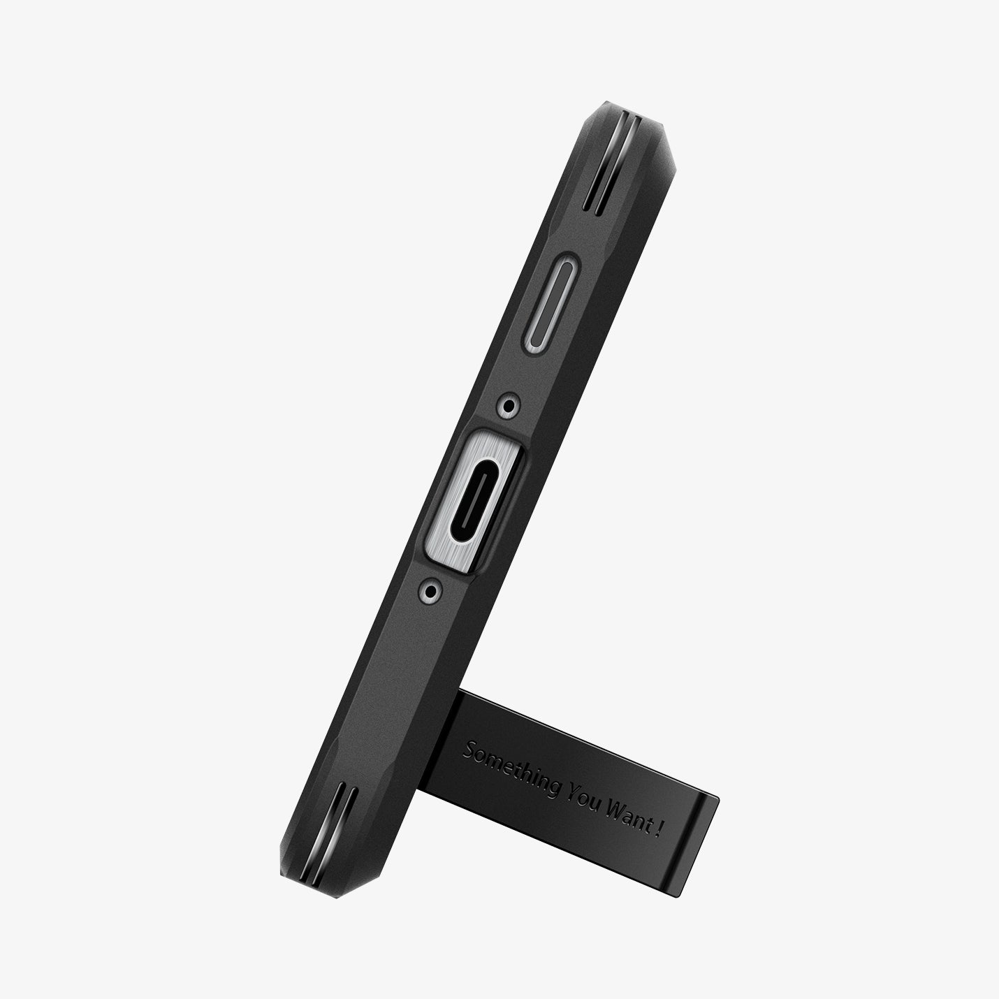 ACS09294 - Galaxy A56 5G Case Tough Armor in Black showing the bottom, with built-in kickstand propped up