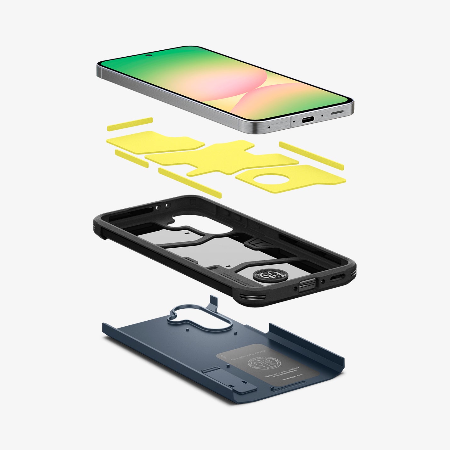 ACS09295 - Galaxy A56 5G Case Tough Armor in Metal Slate showing the device hovering above the detached impact foam, tpu frame and back layer of the case