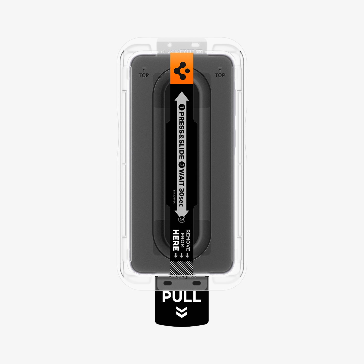 AGL11397 - Spigen GLAStR EZ Fit Pro Galaxy A57 5G screen protector front view of installation tray with press and slide instructions