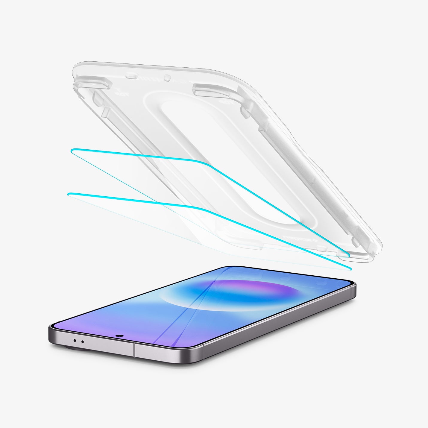 AGL11397 - Spigen EZ Fit Pro Galaxy A57 5G tempered glass screen protector 2-pack with alignment tray separating from phone