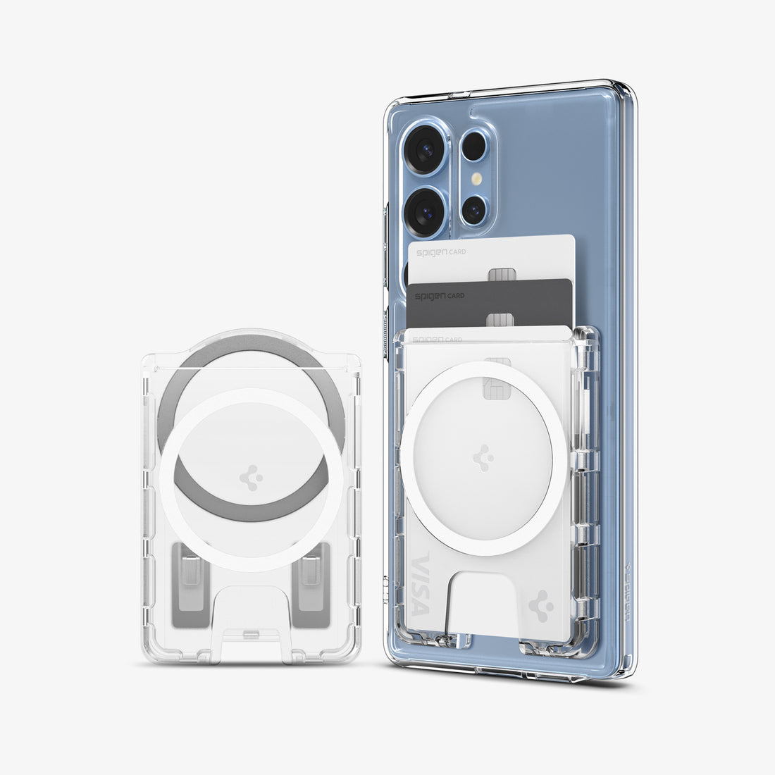 AFA09207 - Galaxy S25 Series Ultra Hybrid MagFit+ Wallet (MagFit) in Crystal Clear showing the front with card inserted attached to a device