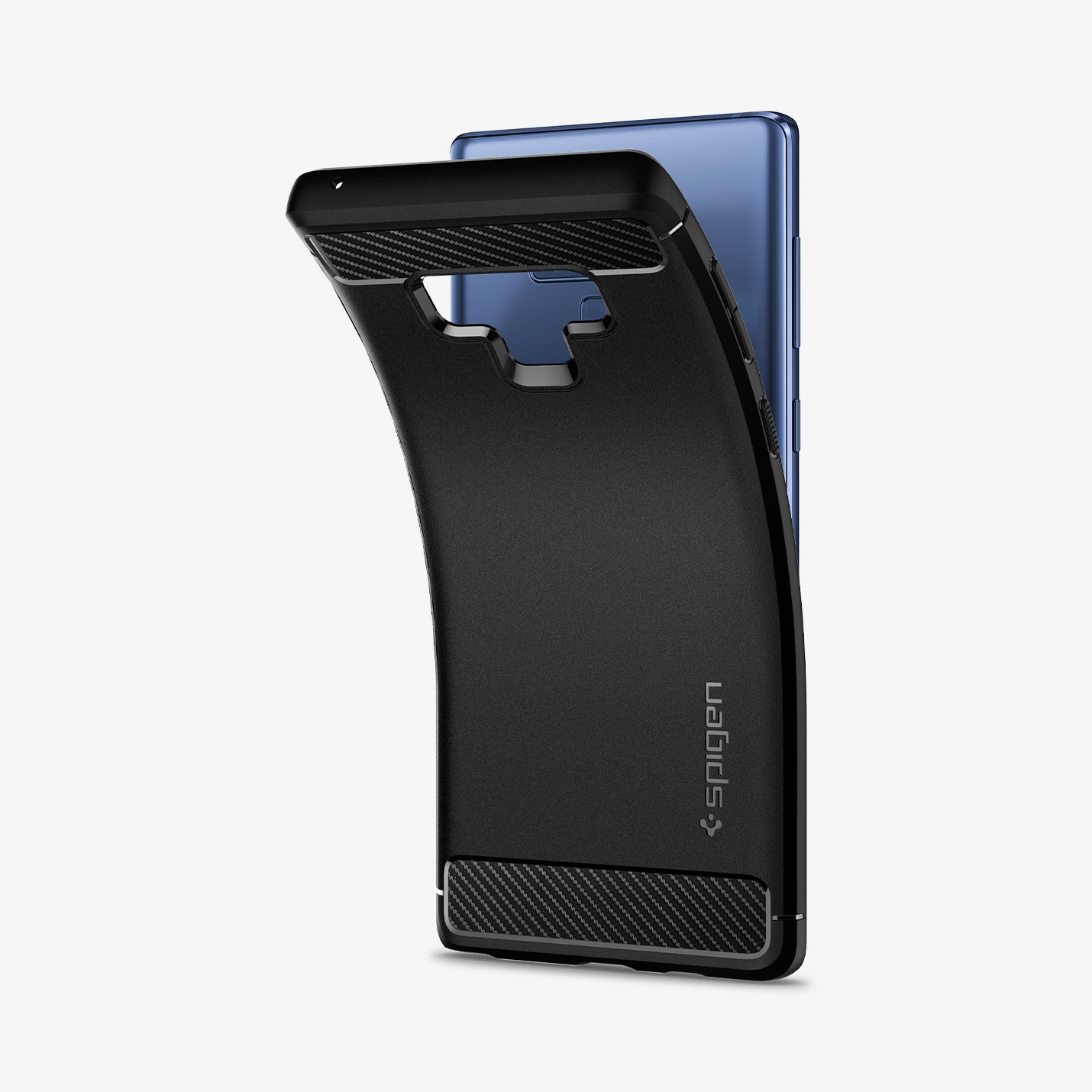 599CS24572 - Galaxy Note 9 Case Rugged Armor in matte black showing the back with case bending away from device to show the flexibility
