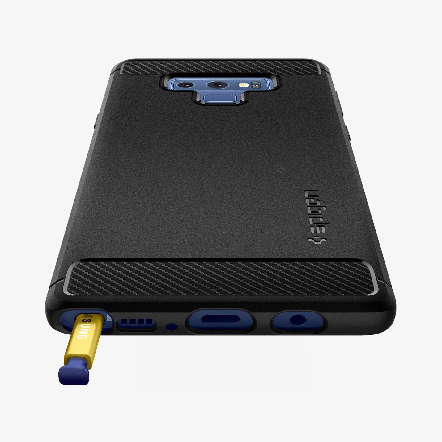 599CS24572 - Galaxy Note 9 Case Rugged Armor in matte black showing the back and bottom with pen sticking out of slot