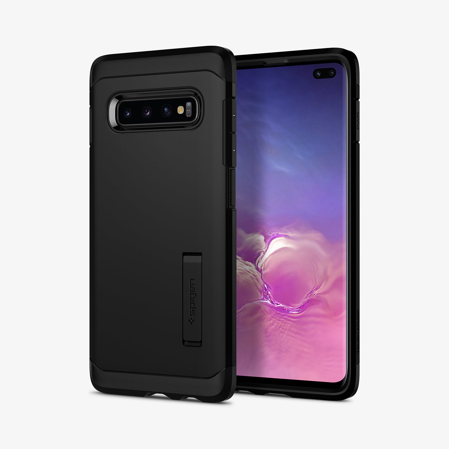 606CS25770 - Galaxy S10 Plus Tough Armor Case in black showing the back and front