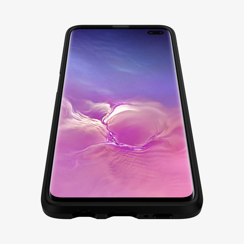 606CS25770 - Galaxy S10 Plus Tough Armor Case in black showing the front and bottom zoomed in