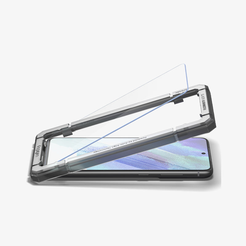 AGL03088 - Galaxy S21 FE Alignmaster Full Cover in Clear showing the front of a tempered glass inclined with an alignment tray and a device