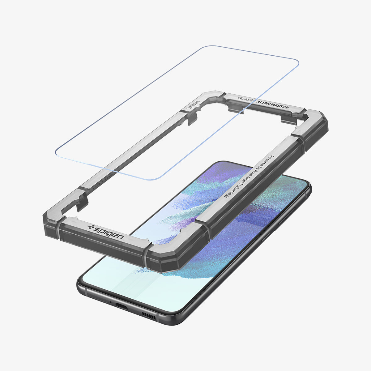 AGL03088 - Galaxy S21 FE Alignmaster Full Cover in Clear showing the front of a tempered glass hovering above the alignment tray and a device