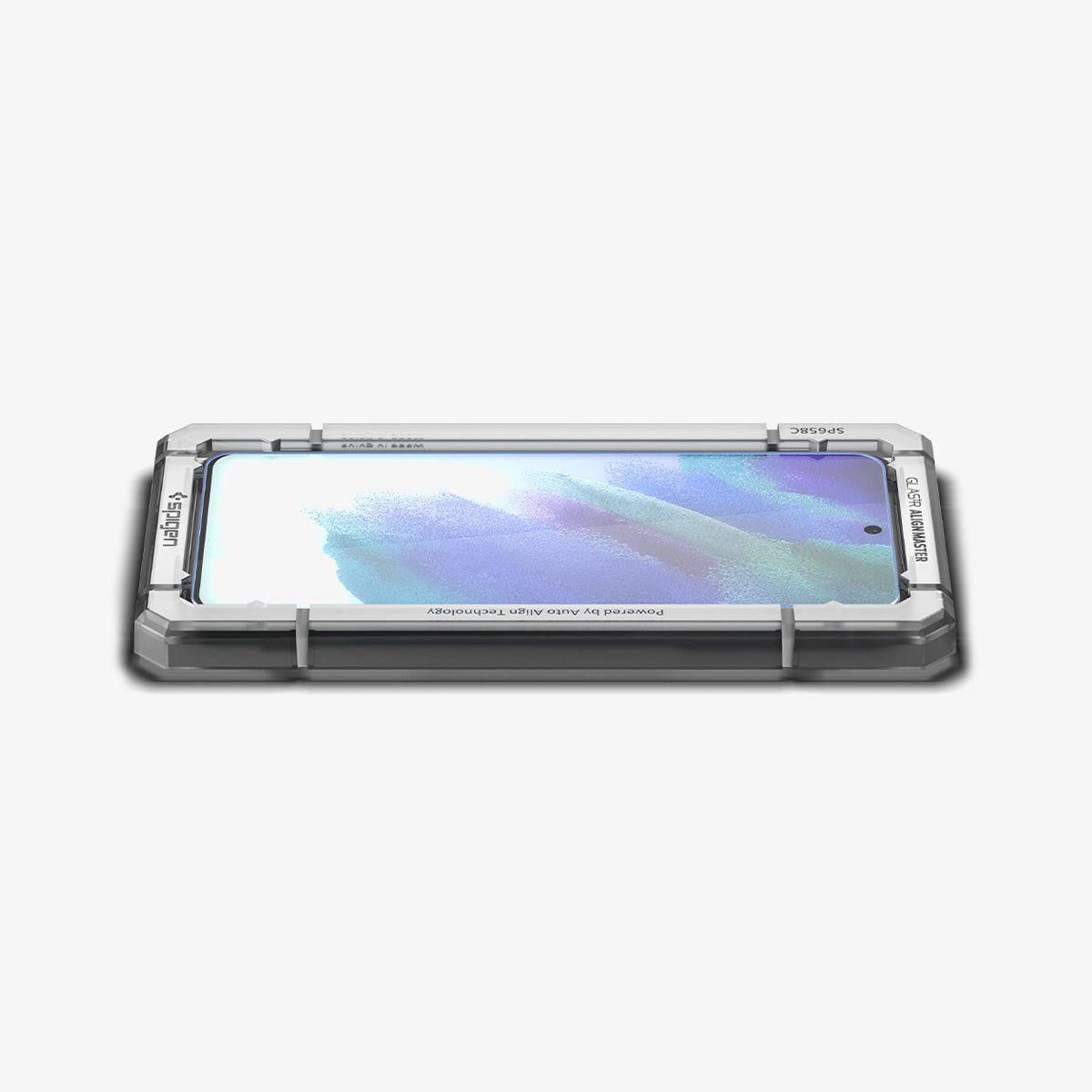 AGL03088 - Galaxy S21 FE Alignmaster Full Cover in Clear showing the front of alignment tray and a tempered glass attached to a device on a flat surface
