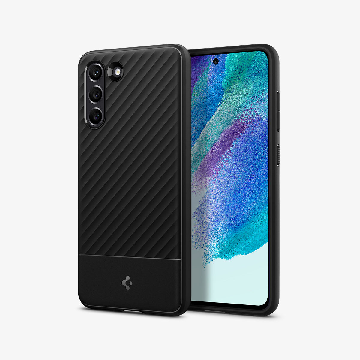 ACS03058 - Galaxy S21 FE Case Core Armor in Matte Black showing the back, partial side, next to it, a device showing front and partial side