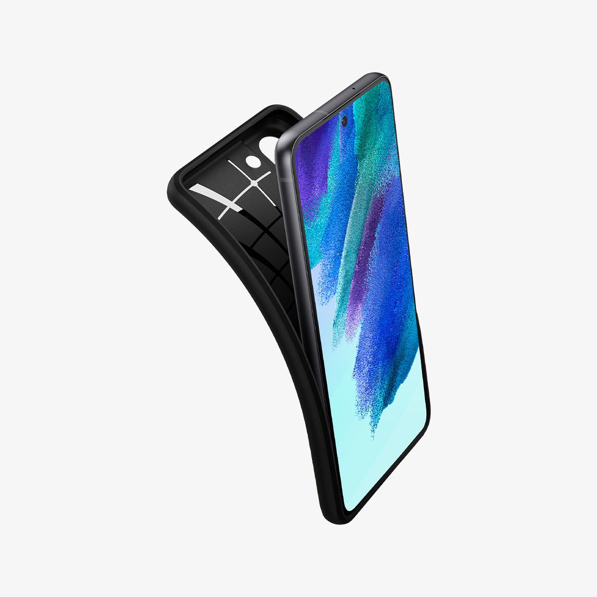 ACS03058 - Galaxy S21 FE Case Core Armor in Matte Black showing the front of a device and a partially peeled off case from the back