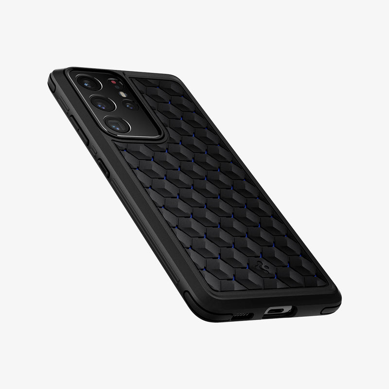 ACS03002 - Galaxy S21 Ultra Case Cryo Armor in Matte Black showing the back, partial side and bottom