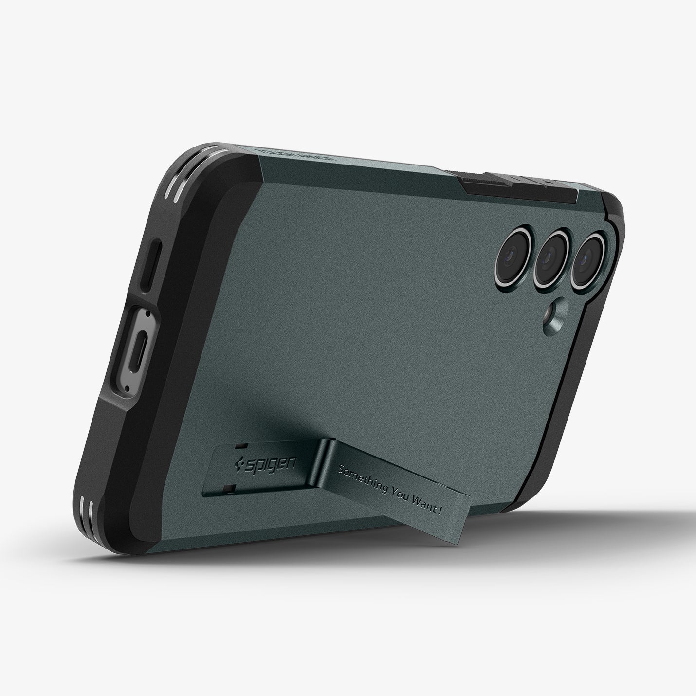 ACS08624 - Galaxy S24 FE Case Tough Armor (MagFit) in Abyss Green showing the back, partial side and bottom with a built-in kickstand propped up