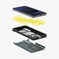 ACS08624 - Galaxy S24 FE Case Tough Armor (MagFit) in Abyss Green showing the front of device hovering above the impact foam detached from frame and hard layer of the case
