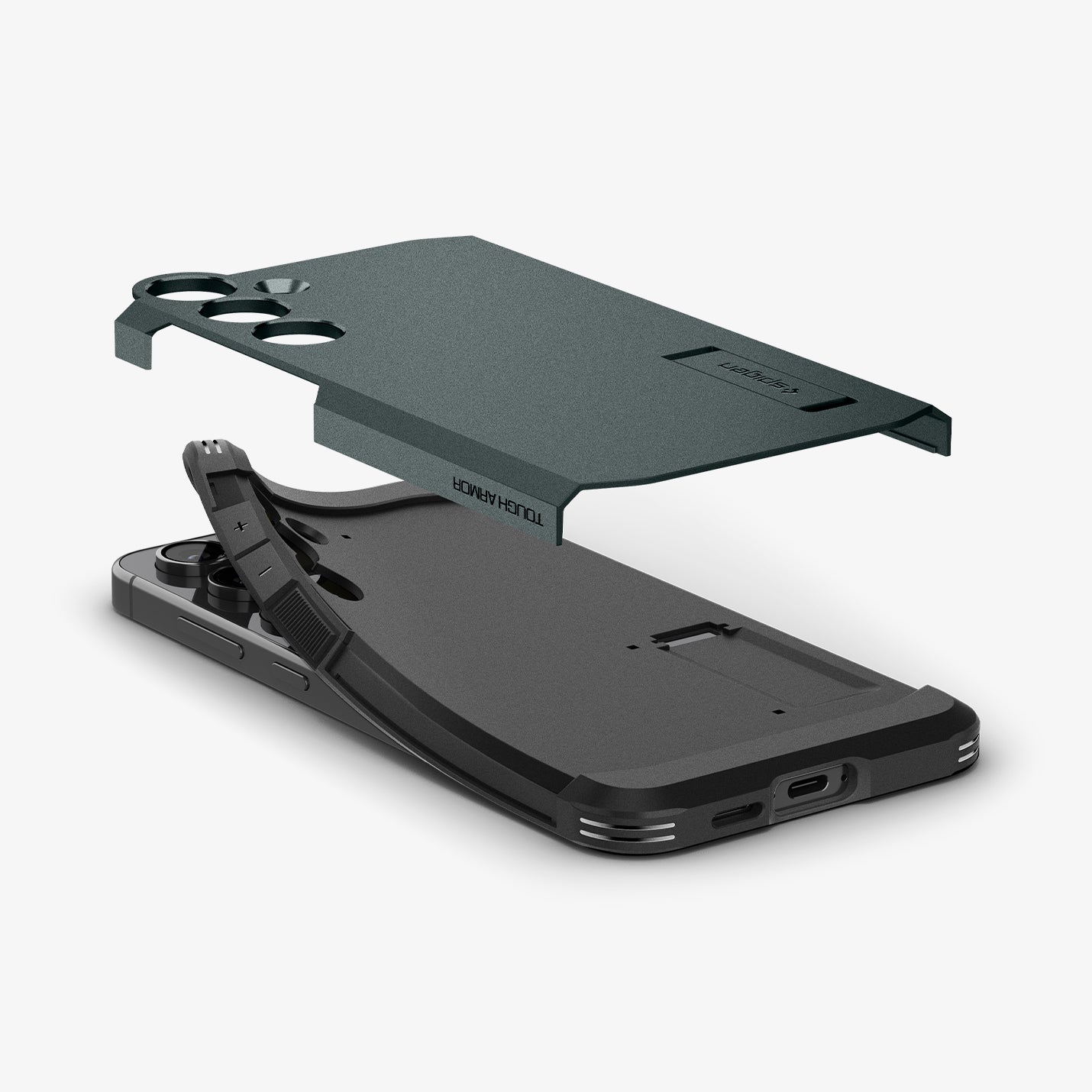 ACS08624 - Galaxy S24 FE Case Tough Armor (MagFit) in Abyss Green showing the outer back layer detached, hovering above the tpu backing of the case