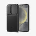 ACS07363 - Galaxy S24 Case Optik Armor in Black showing the back, partial side, beside it, a device showing front and partial side with side buttons, camera slider closed