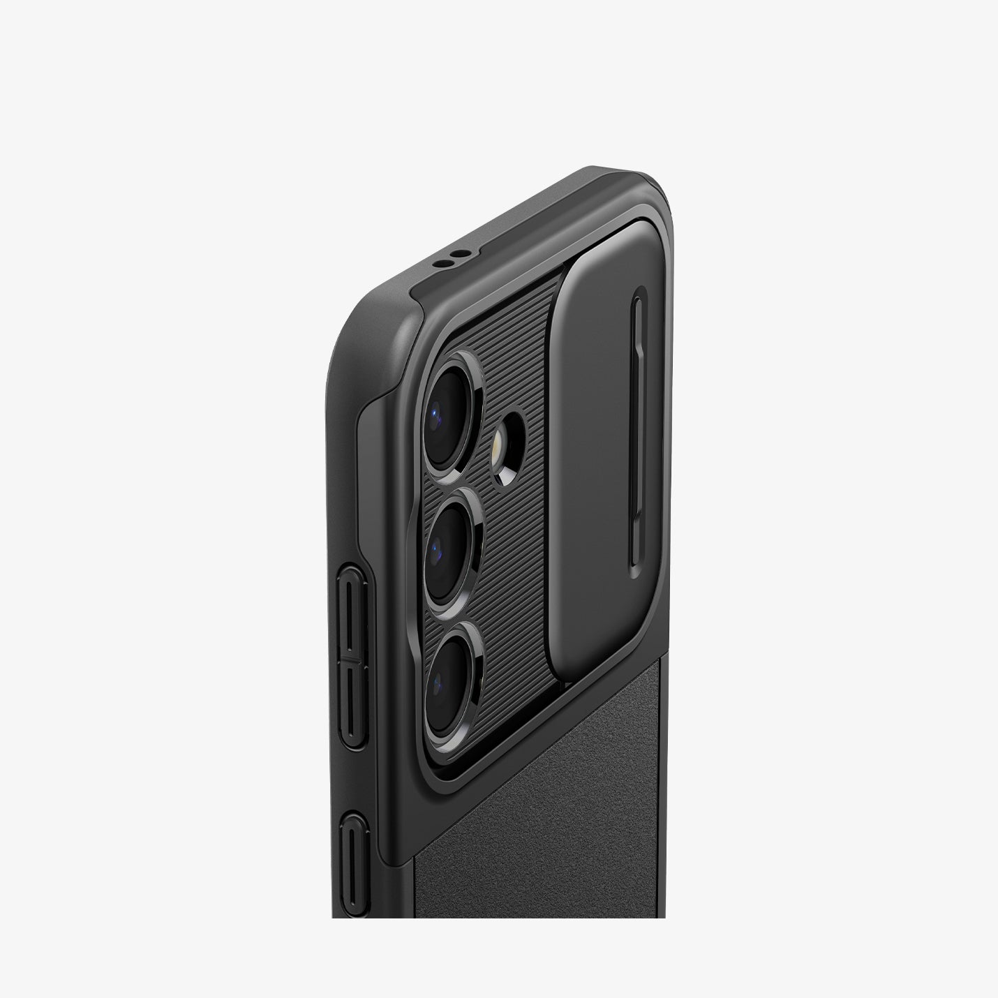 ACS07363 - Galaxy S24 Case Optik Armor in Black showing the back, partial side and top, half bodied, camera cover, slide open, zoomed in