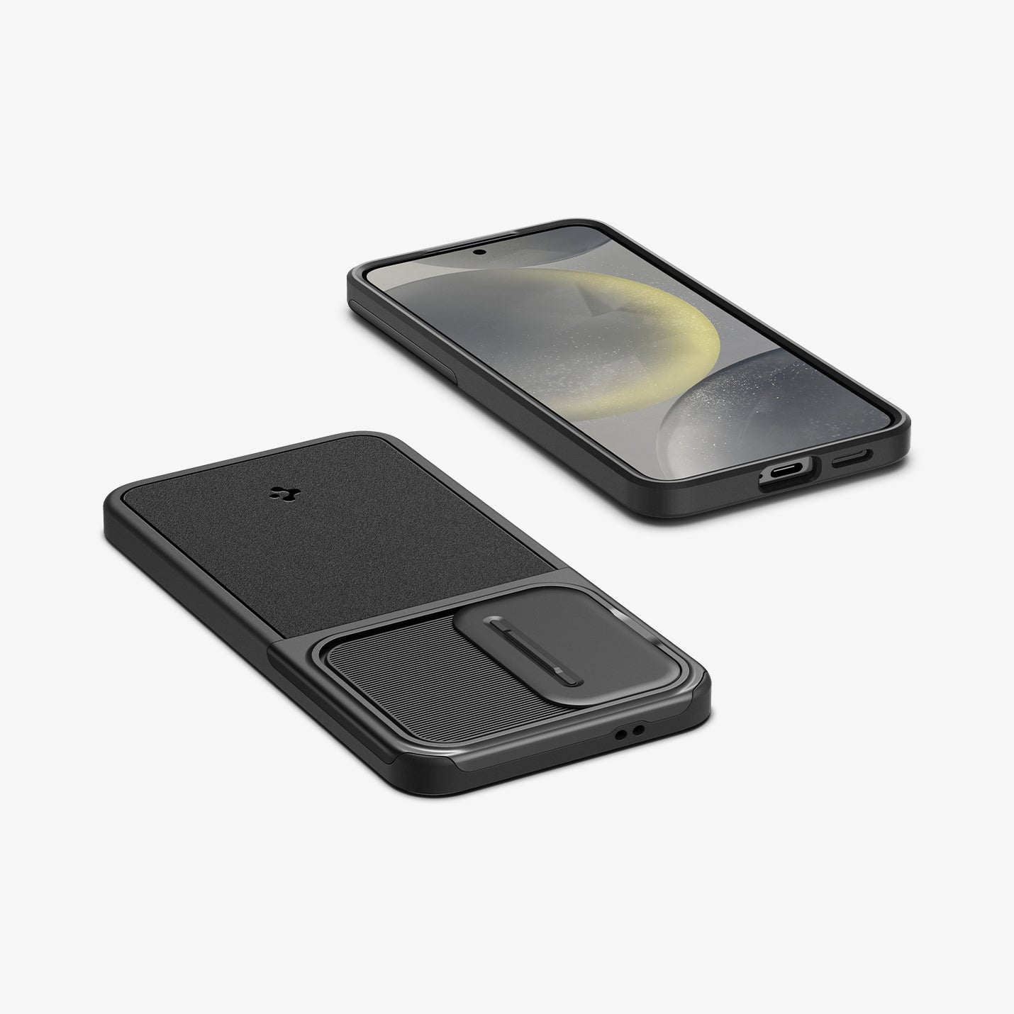 ACS07363 - Galaxy S24 Case Optik Armor in Black showing the back, partial side, another device showing front, partial side and bottom on a flat surface