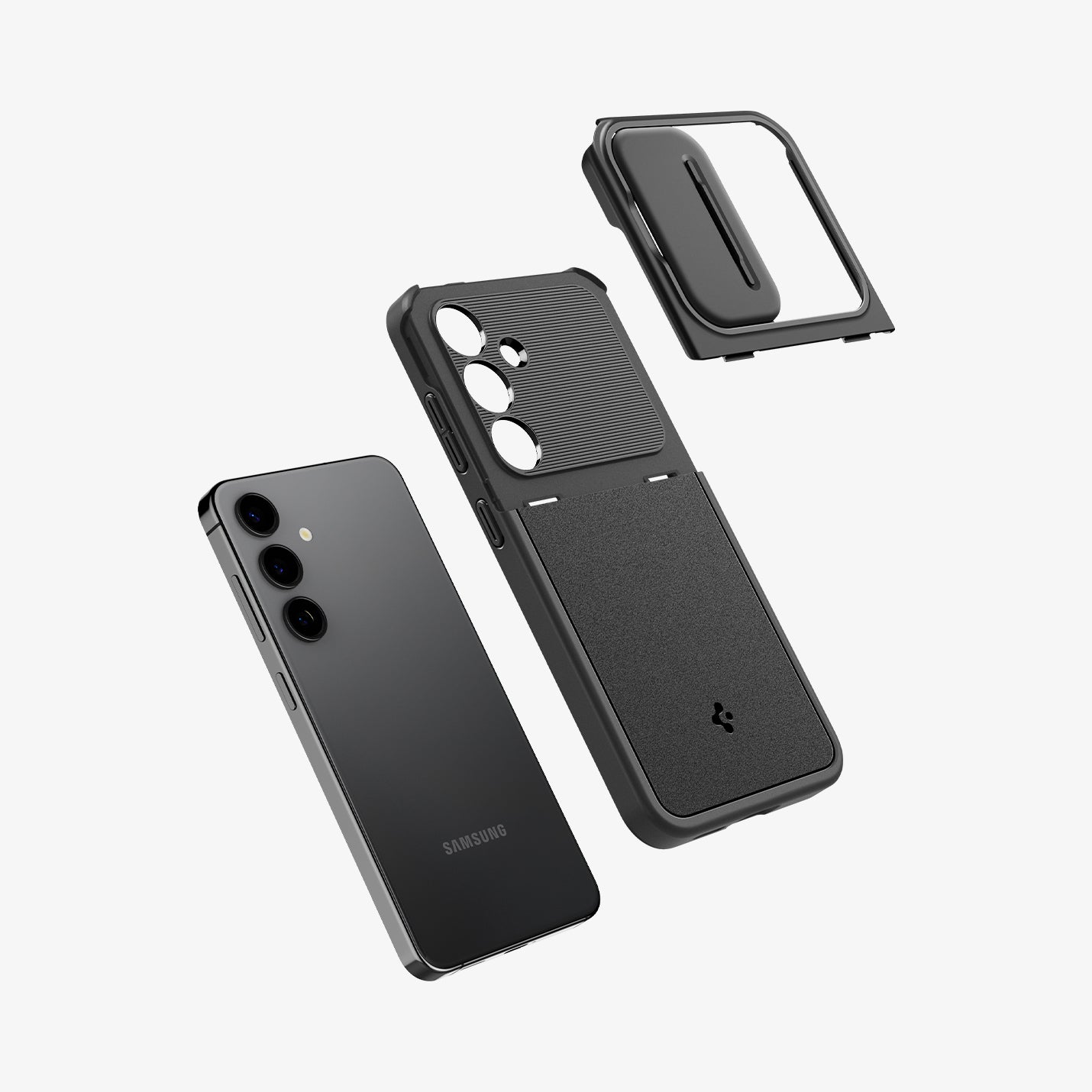 ACS07363 - Galaxy S24 Case Optik Armor in Black showing the detached lens camera slide cover hovering above the back case and a device