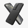 ACS07363 - Galaxy S24 Case Optik Armor in Black showing the back, partial side, beside it, another device showing partial front and partial side