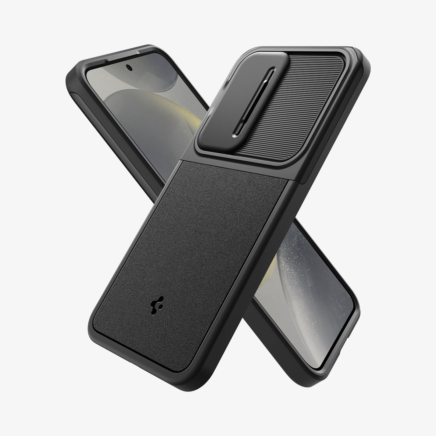 ACS07363 - Galaxy S24 Case Optik Armor in Black showing the back, partial side, beside it, another device showing partial front and partial side