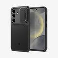 ACS07363 - Galaxy S24 Case Optik Armor in Black showing the back, partial side, beside it, a device showing front and partial side with side buttons, camera slider open