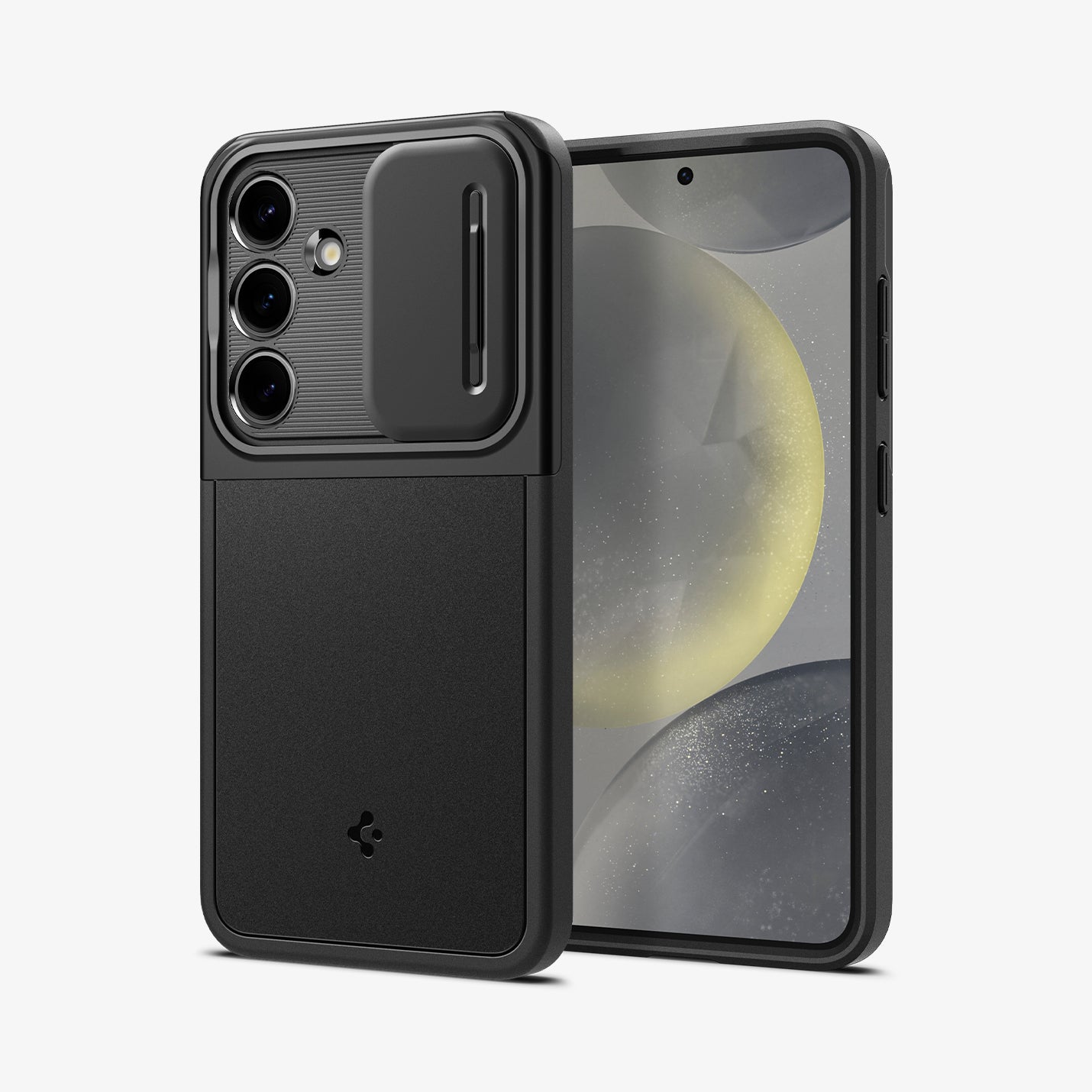 ACS07363 - Galaxy S24 Case Optik Armor in Black showing the back, partial side, beside it, a device showing front and partial side with side buttons, camera slider open