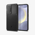 ACS07363 - Galaxy S24 Case Optik Armor in Black showing the back, partial side, beside it, a device showing front and partial side with side buttons, camera slider closed