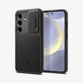 ACS07363 - Galaxy S24 Case Optik Armor in Black showing the back, partial side, beside it, a device showing front and partial side with side buttons, camera slider open