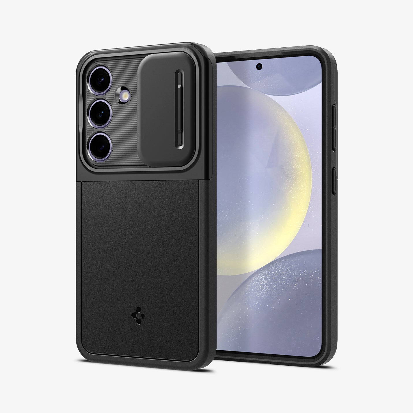 ACS07363 - Galaxy S24 Case Optik Armor in Black showing the back, partial side, beside it, a device showing front and partial side with side buttons, camera slider open