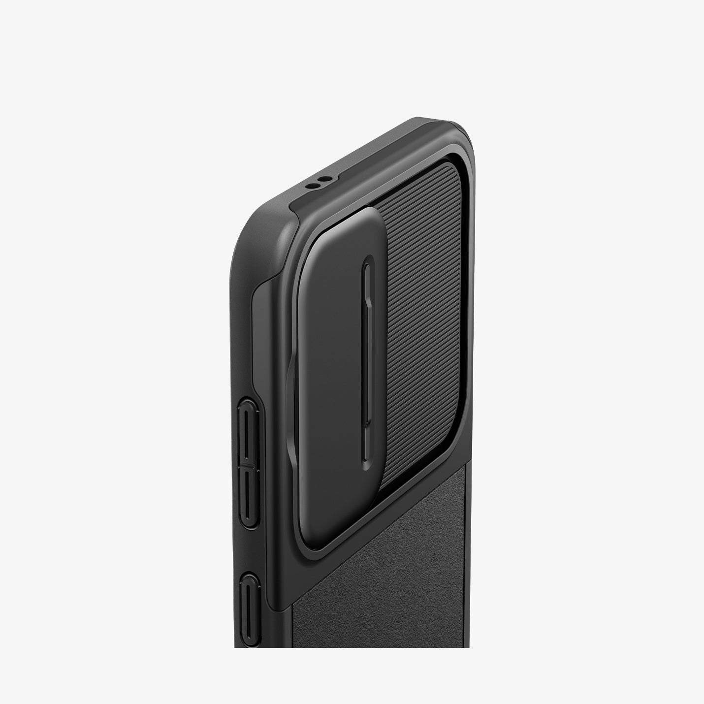ACS07363 - Galaxy S24 Case Optik Armor in Black showing the back, partial side and top, half bodied, camera cover zoomed in