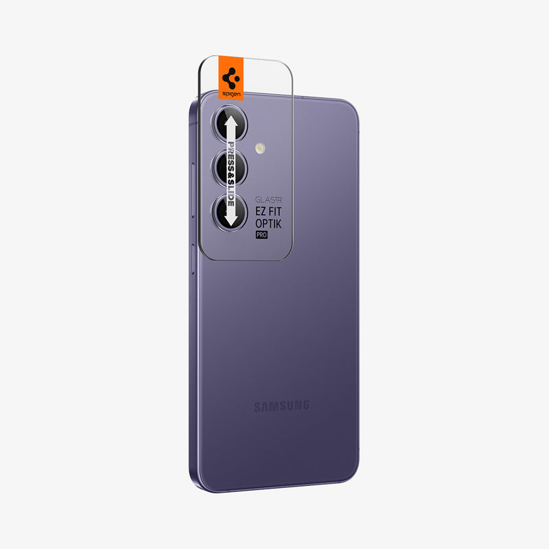 AGL07435 - Galaxy S24 Plus Optik Pro EZ Fit Lens Protector in Violet showing the camera lens tray protector attached to the device