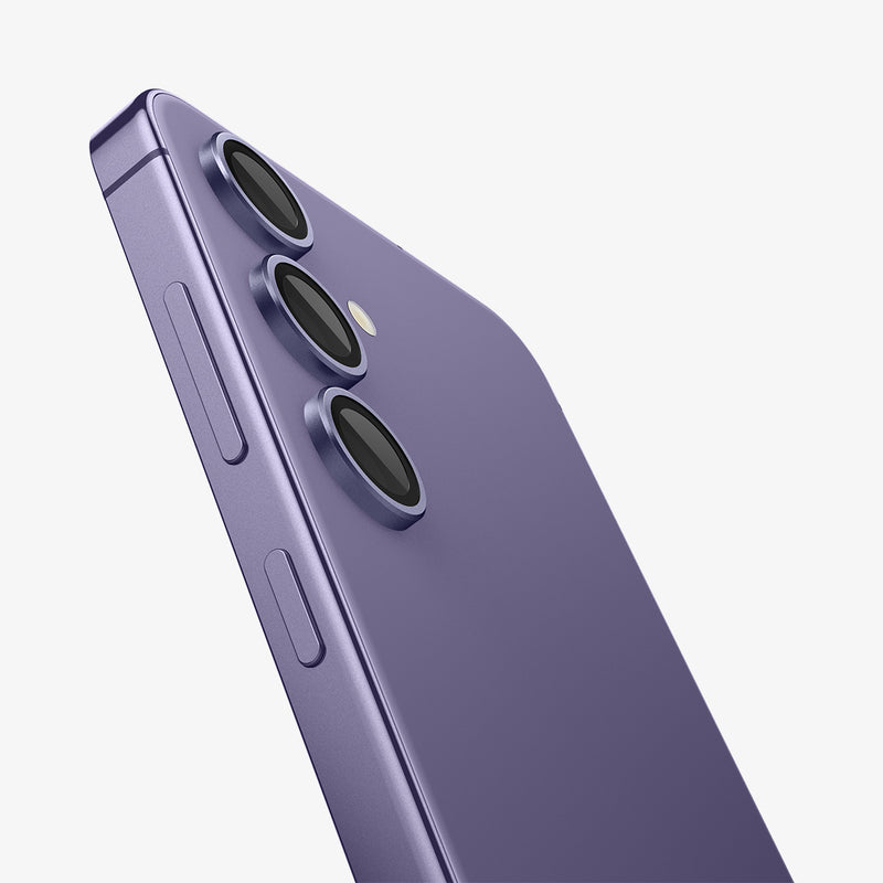 AGL07435 - Galaxy S24 Plus Optik Pro EZ Fit Lens Protector in Violet showing the partial side of the camera lens protector, partial side and partial back of the device, half bodied, zoomed in