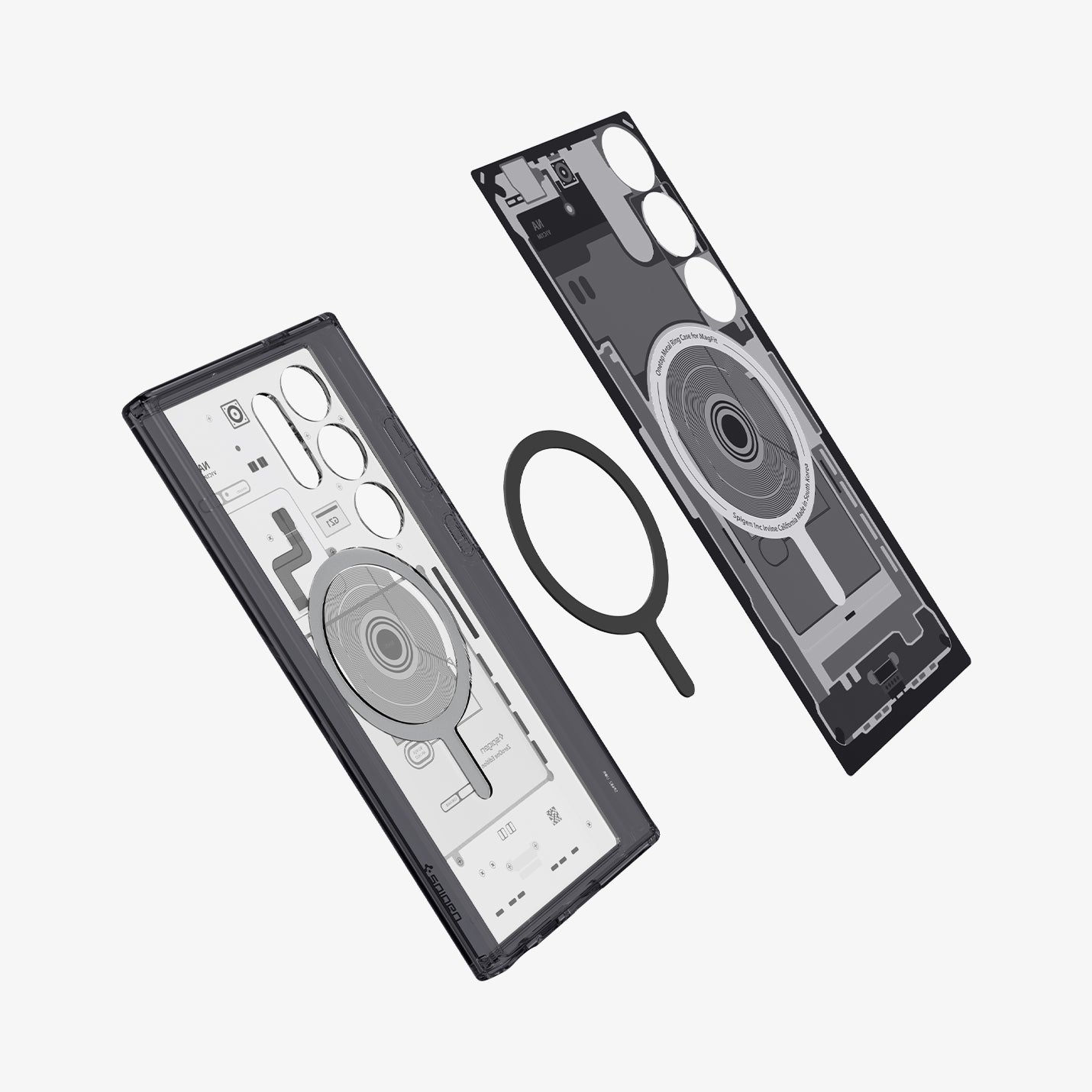 ACS07298 - Galaxy S24 Ultra Case Ultra Hybrid Metal Ring Zero One (MagFit) in Zero One showing the inner part hovering above the detached metal ring and back case