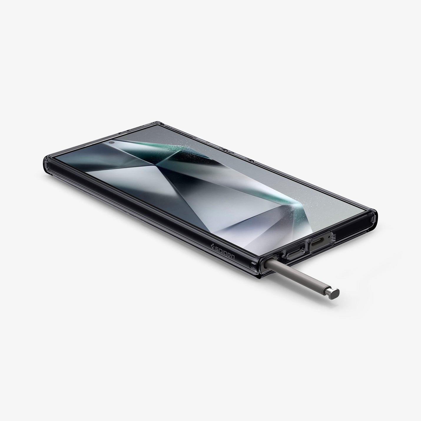ACS07298 - Galaxy S24 Ultra Case Ultra Hybrid Metal Ring Zero One (MagFit) in Zero One showing the front, partial sides and stylus pen sticking out on a flat surface