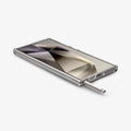 ACS07624 - Galaxy S24 Ultra Case Ultra Hybrid Metal Ring Zero One (MagFit) in Natural Titanium showing the front, partial sides and stylus pen sticking out on a flat surface