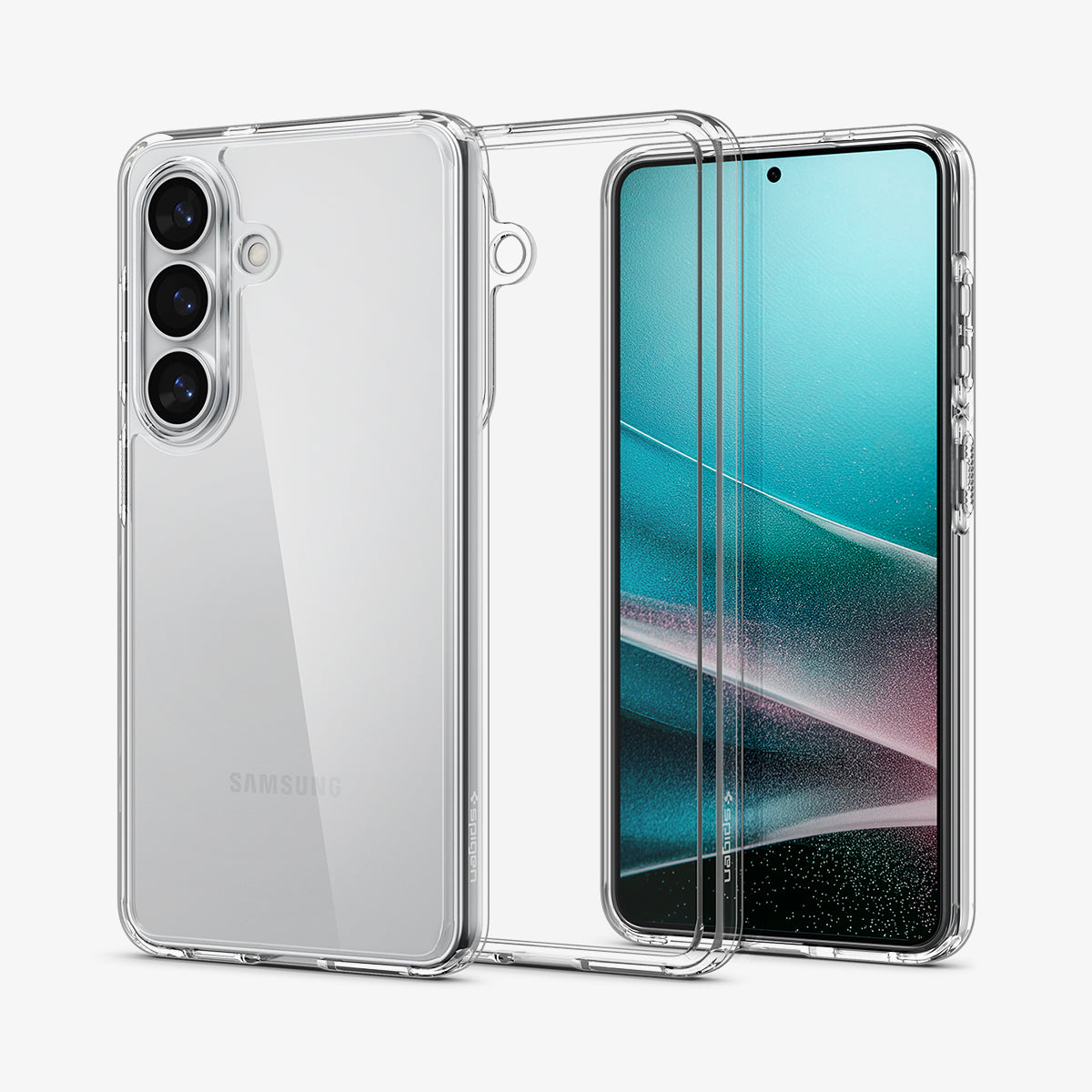 ACS11060  - Galaxy S26 Case Ultra Hybrid Crystal Clear showing the back with the device, partial back case only, partial front and sides