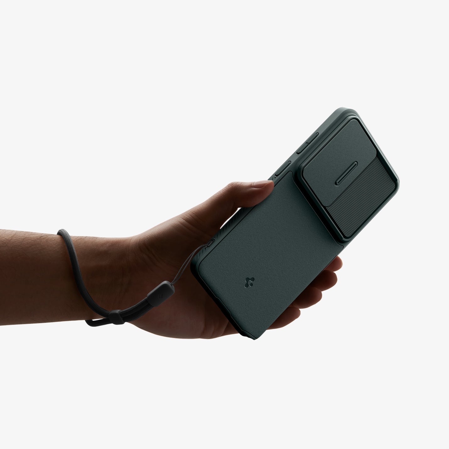 ACS11041 - Galaxy S26 Ultra Optik Armor in Abyss Green showing a hand with strap on with the device and case