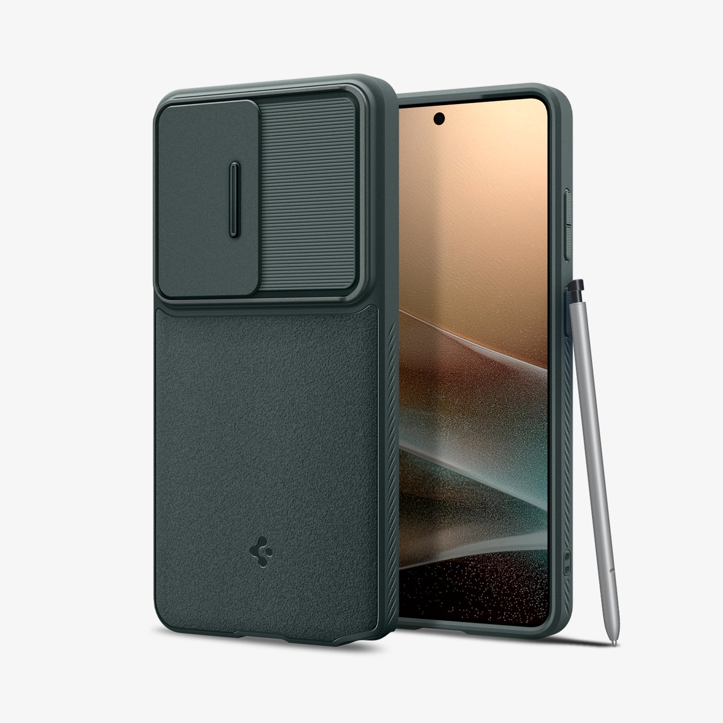 ACS11041 - Galaxy S26 Ultra Optik Armor in Abyss Green showing the back with the device, partial back case only, partial front and sides