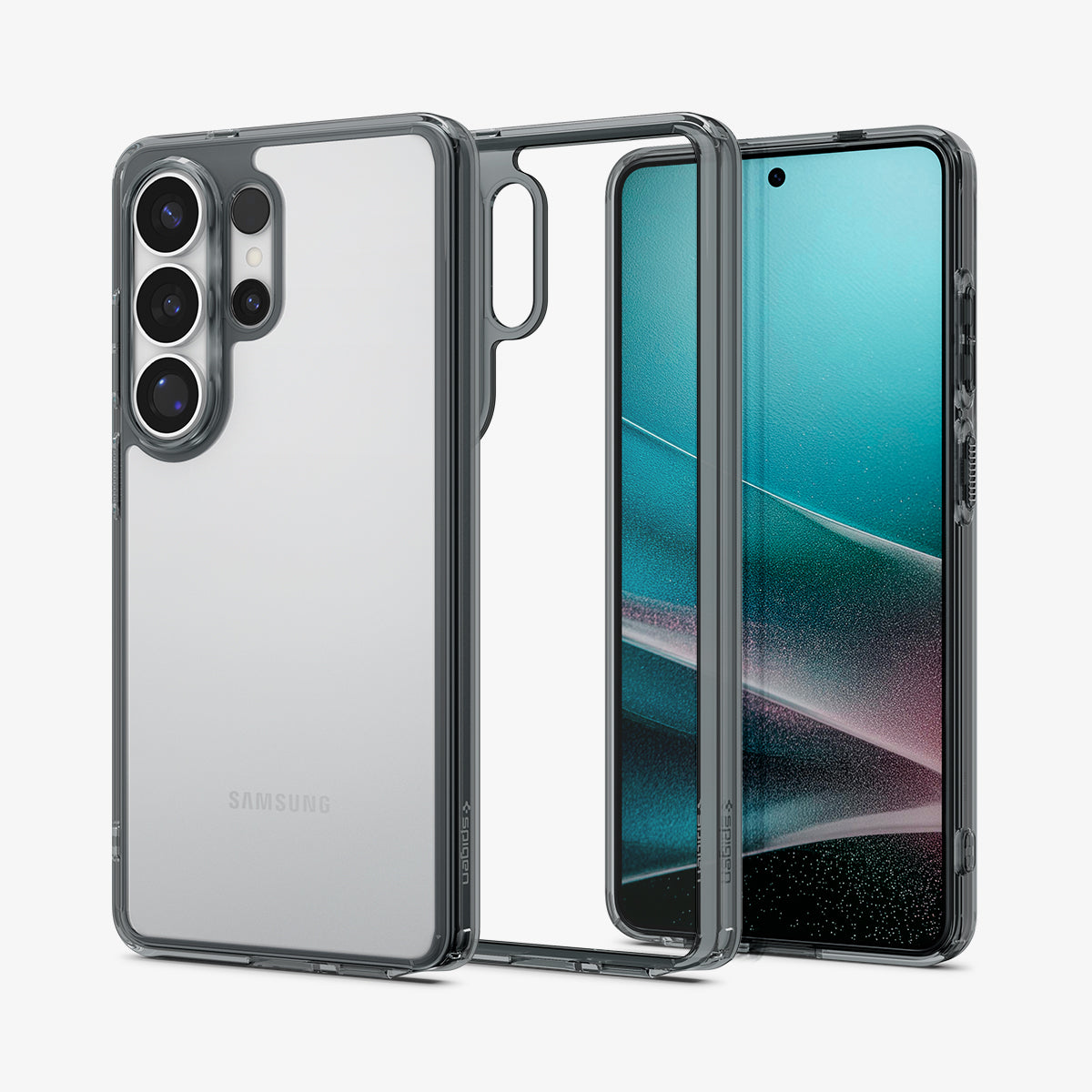 ACS11031 - Galaxy S26 Ultra Case Ultra Hybrid Space Crystal showing the back with the device, partial back case only, partial front and sides
