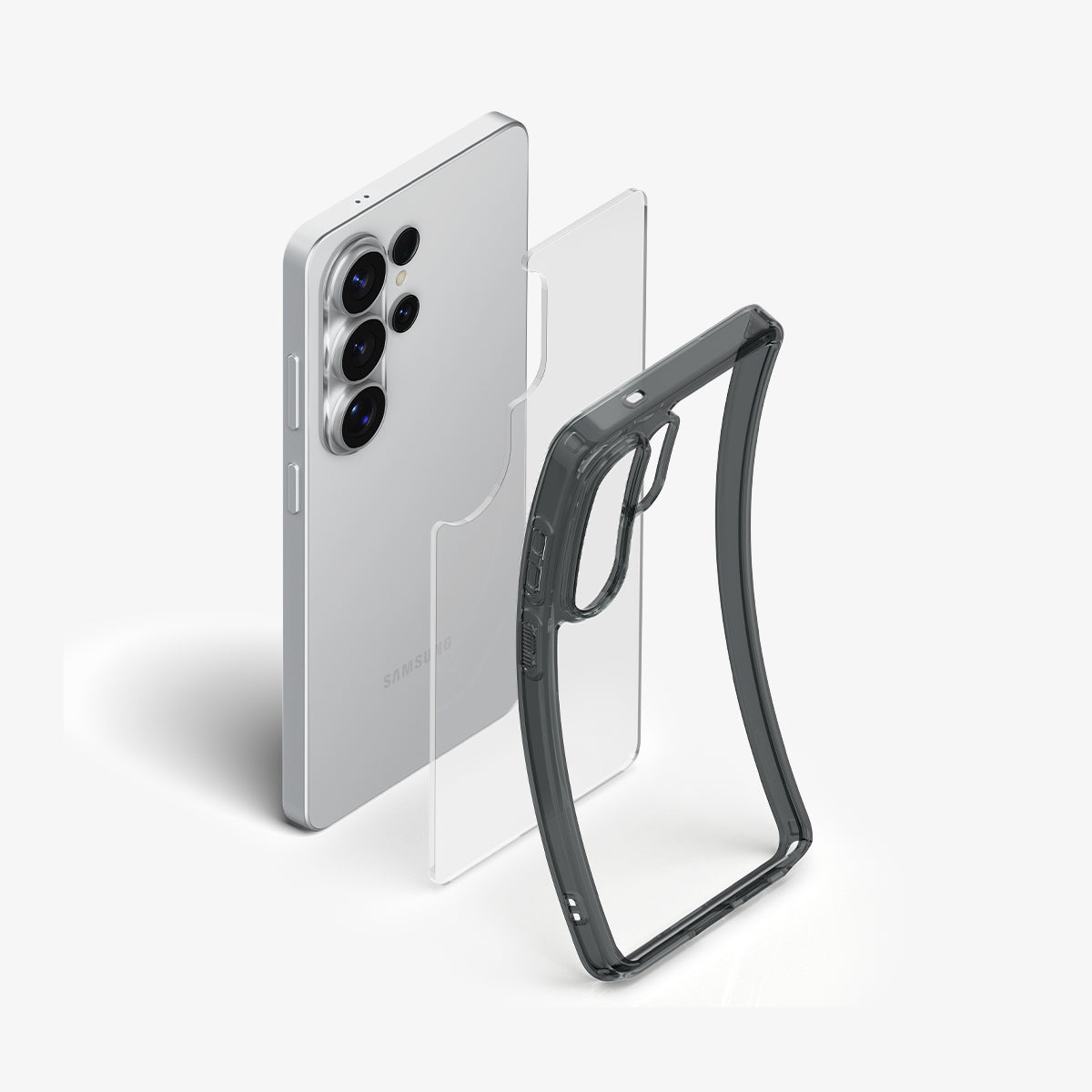 ACS11031 - Galaxy S26 Ultra Case Ultra Hybrid Space Crystal showing the back with the device, partial back case, showcasing flexibility of case