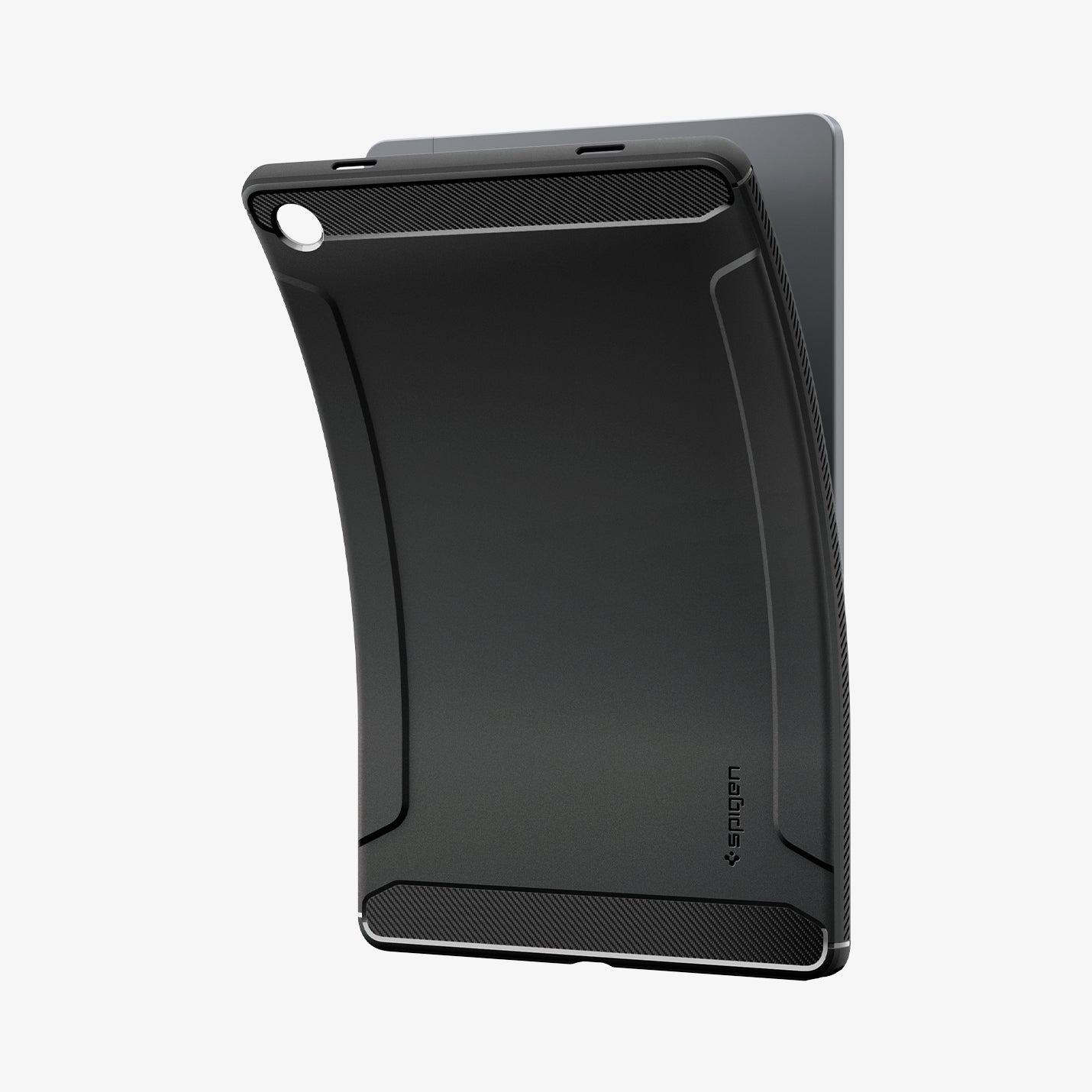 ACS10463 - Galaxy Tab A11+ Rugged Armor in Matte Black showing the back with case bending away from device to show the flexibility