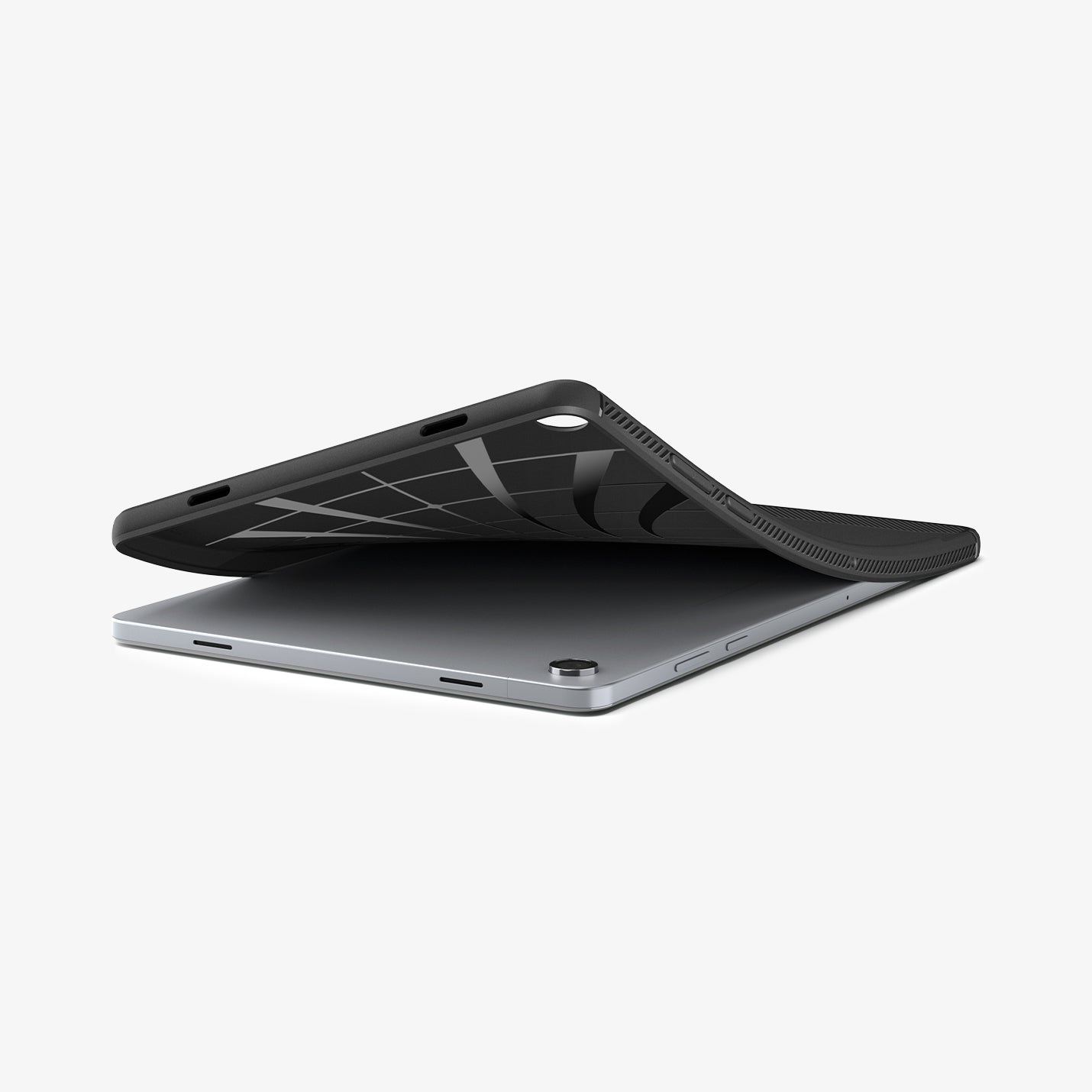ACS10463 - Galaxy Tab A11+ Rugged Armor in Matte Black showing the device laying flat and case bending away from device to show the flexibility