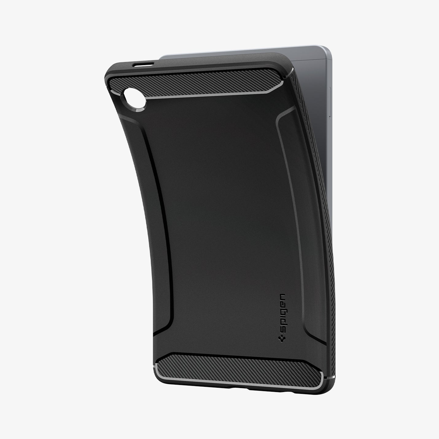 ACS10462 - Galaxy Tab A11 Rugged Armor in Matte Black showing the back with case bending away from device to show the flexibility