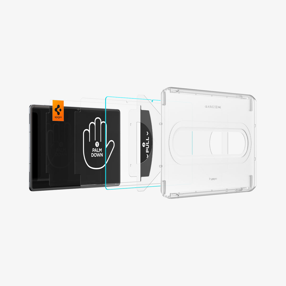 AGL10200 - Galaxy Tab S12 Ultra EZ FIT GLAS.tR Pro showing an exploded view of the screen protector, installation layers, pull tab, and alignment tray.