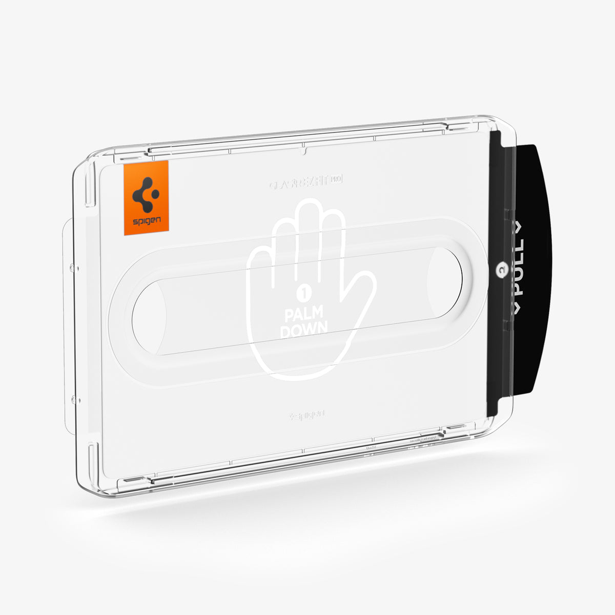 AGL10200 - Galaxy Tab S12 Ultra EZ FIT GLAS.tR Pro showing an angled view of the clear installation tray with palm down and pull instructions.