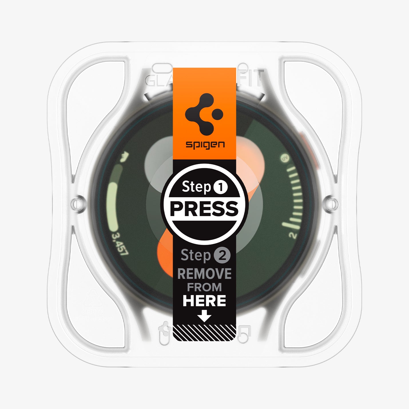 AGL08351 - Galaxy Watch 7 (40mm) GLAS.tR EZ Fit in Clear showing the front of the installation tray attached to the watch face